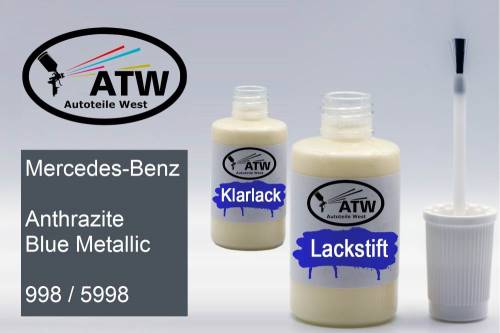 Mercedes-Benz, Anthrazite Blue Metallic, 998 / 5998: 20ml Lackstift + 20ml Klarlack - Set, von ATW Autoteile West.